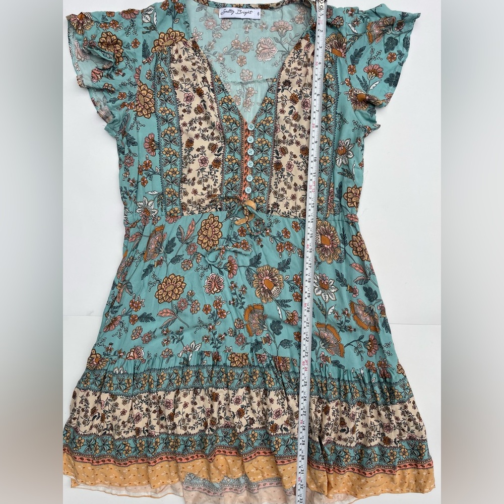 Floral Print Petal Sleeve Ruffle Hem Teal and Cream Dress - Picture 10 of 10